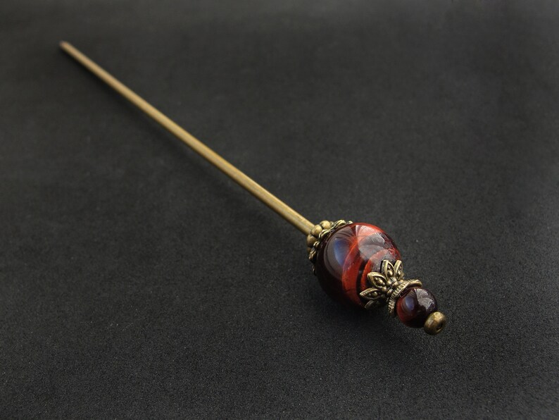 Modest tama kanzashi, red tiger eye, thin hair needle in bronze color, 5.5 usable length image 9