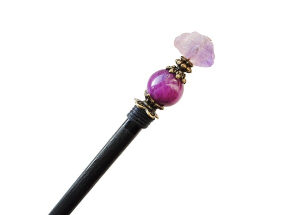 Wooden Hair Stick Raw Amethyst And Purple Dyed Marble Etsy
