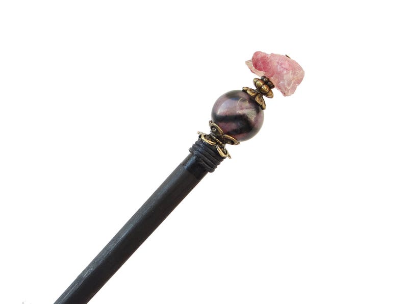hair ornament chopstick geisha hair piece Wooden hair stick raw tourmaline and purple agate purple black kanzashi hairpin wood