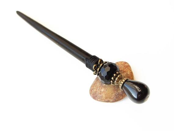 Vintage | Hair Stick | Pearl & Gold Accent Black Hair Stick Black Onyx Hairpin, Thick Wooden Stick - Etsy main image 3