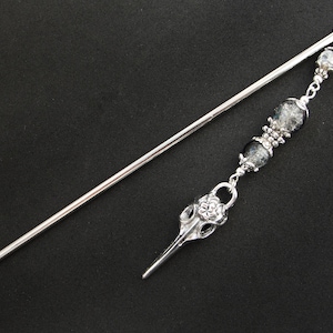 Raven hair stick, bird skull hairpin, white black crackle glass, silver metal color image 5