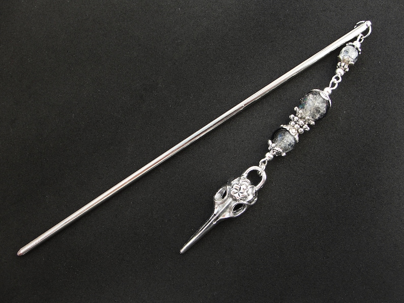 Raven hair stick, bird skull hairpin, white black crackle glass, silver metal color image 5
