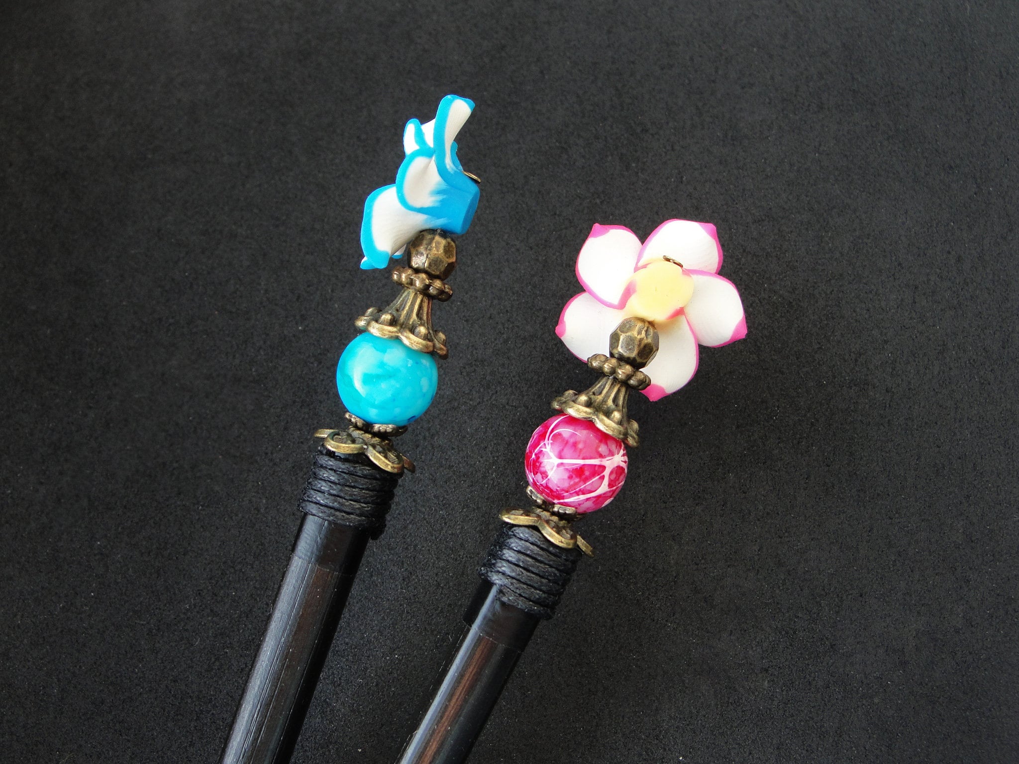 Floral Hair Sticks: Pink & Blue Polymer Clay Flowers, Japanese 