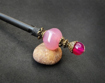 Wooden hair stick with pink agate stone, length made to order