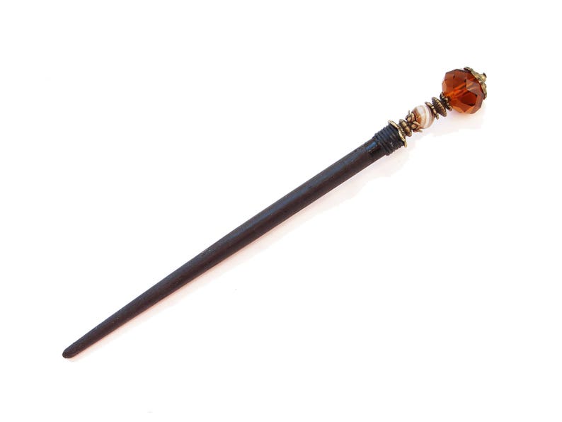 japanese kanzashi Wooden hair stick with brown agate and brown fine cut crystal hair pin wood hair chopstick ornament geisha hairpiece