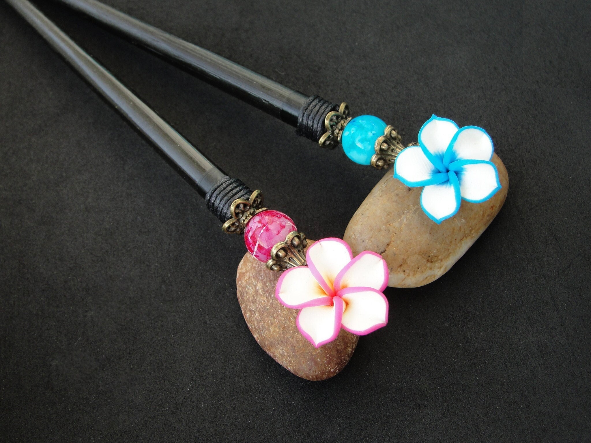Floral Hair Sticks: Pink & Blue Polymer Clay Flowers, Japanese 