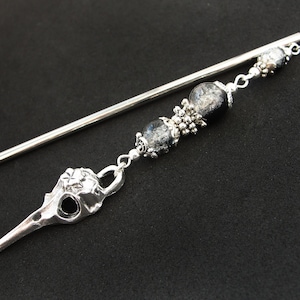 Raven hair stick, bird skull hairpin, white black crackle glass, silver metal color image 3