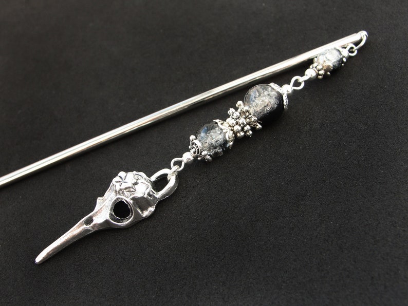 Raven hair stick, bird skull hairpin, white black crackle glass, silver metal color image 3