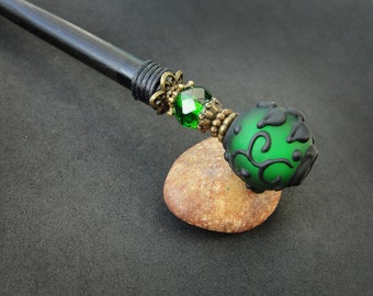Wooden hair stick with dark green lampwork, custom black prong