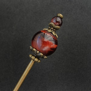 Modest tama kanzashi, red tiger eye, thin hair needle in bronze color, 5.5 usable length image 8