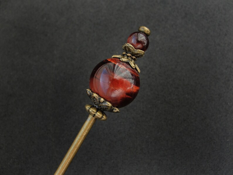 Modest tama kanzashi, red tiger eye, thin hair needle in bronze color, 5.5 usable length image 8