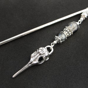 Raven hair stick, bird skull hairpin, white black crackle glass, silver metal color image 6