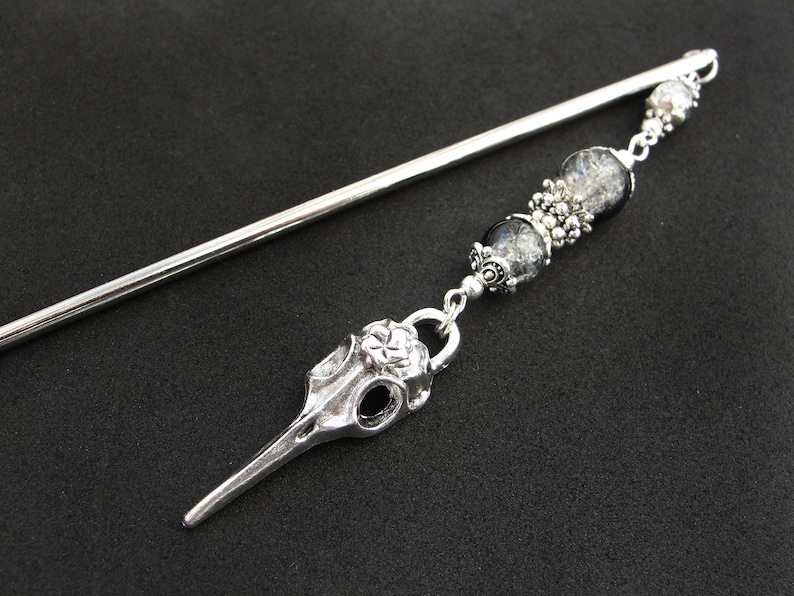 Raven hair stick, bird skull hairpin, white black crackle glass, silver metal color image 6