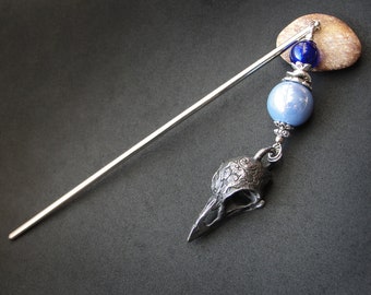 Raven skull hairpin, dangling ornament, metal or wooden rod