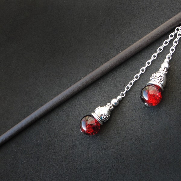 Simple hair stick with red black beads, wooden or metal pin, silver color elements