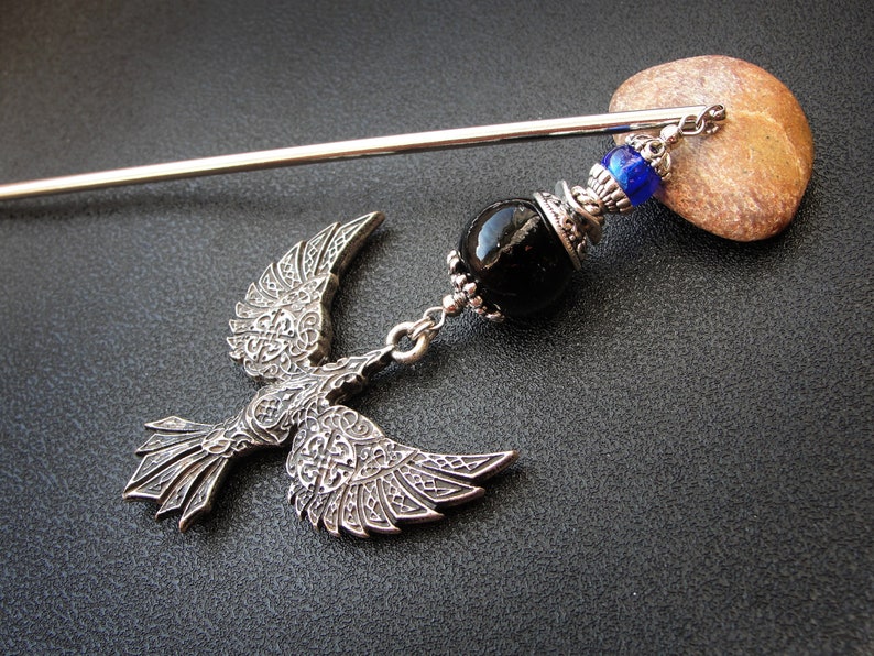 Viking raven hairpin, metal or wooden rod image 3