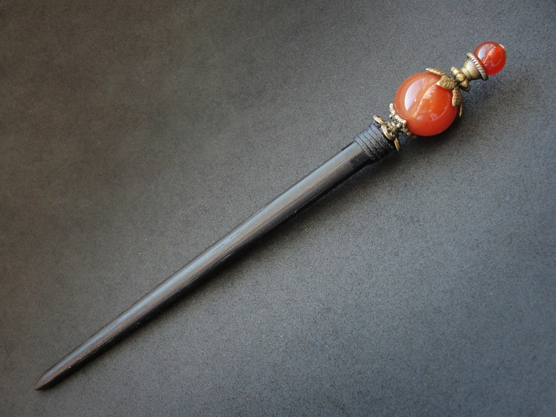 Wooden hair stick with brown agate gemstone, custom usable length image 8