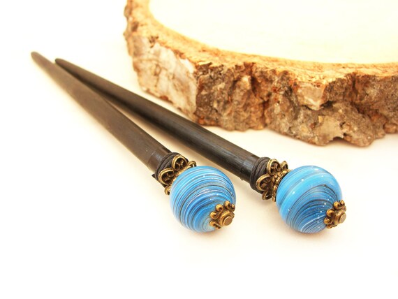 Set Of 2 Wooden Hair Sticks Blue Japanese Kanzashi Short Hair Etsy