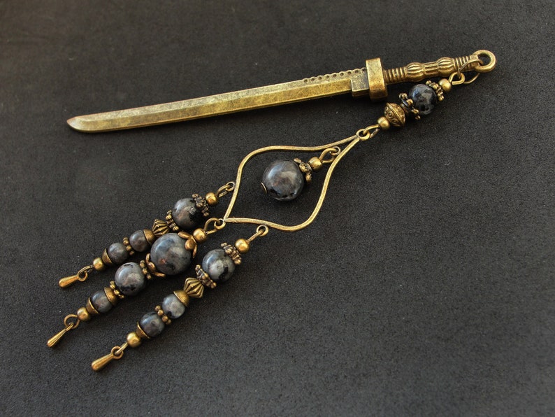 Metal hair stick with labradorite stone beads japanese kanzashi hair pin ornament chopstick hair decoration hair slide orient jewellery