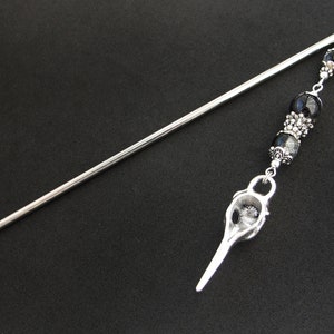 Raven hair stick, bird skull hairpin, white black crackle glass, silver metal color image 9