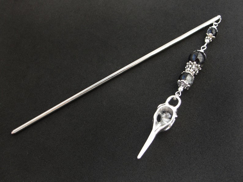 Raven hair stick, bird skull hairpin, white black crackle glass, silver metal color image 9