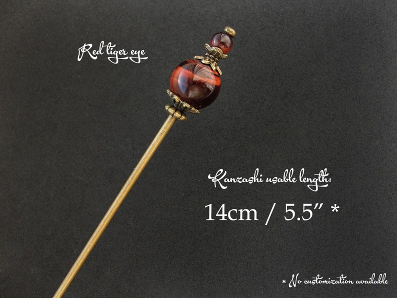 Modest tama kanzashi, red tiger eye, thin hair needle in bronze color, 5.5 usable length image 2