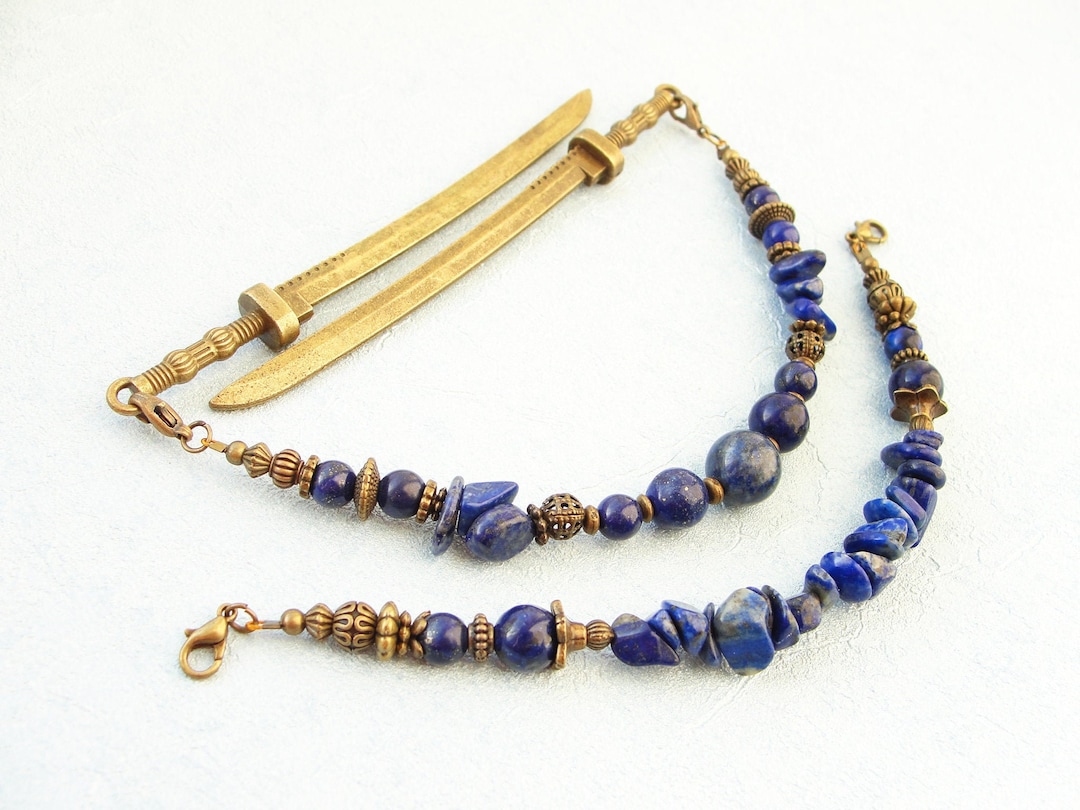 Short Hair Barrette Set With Lapis Lazuli, Japanese Katana Shaped