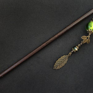 Leaf hair stick, green glass beads, metal or wooden pin image 3
