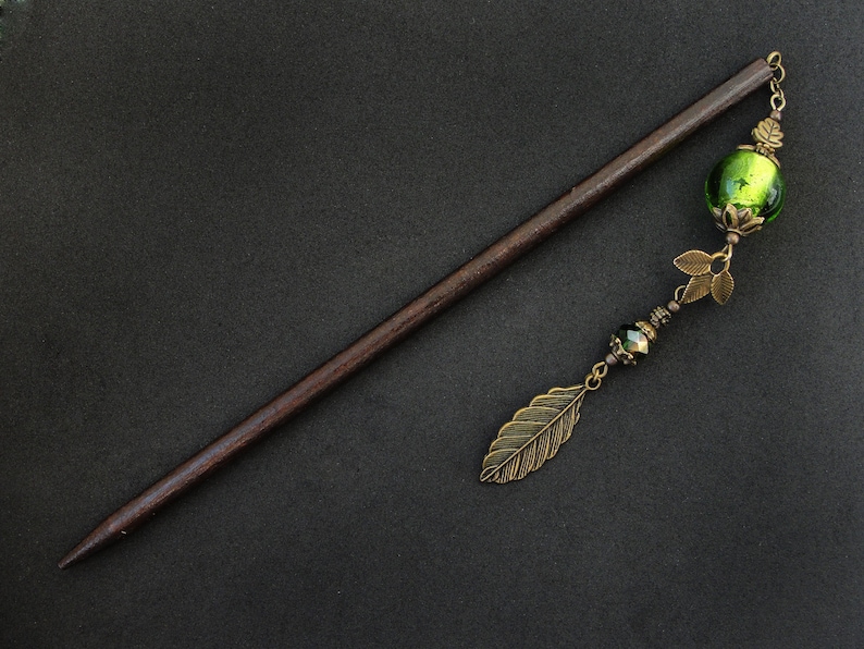 Leaf hair stick, green glass beads, metal or wooden pin image 3
