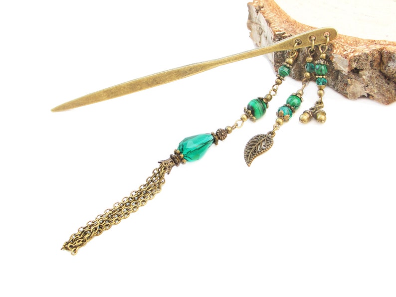 Metal hair stick with malachite peacock green fine beads hairpin hair chopstick hair ornament hair jewellery bun decoration hair accessory
