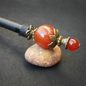 Wooden hair stick with brown agate gemstone, custom usable length image 3