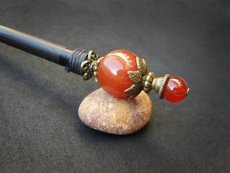 Wooden hair stick with brown agate gemstone, custom usable length image 3