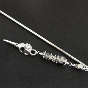 Raven hair stick, bird skull hairpin, white black crackle glass, silver metal color image 2