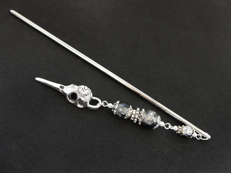 Raven hair stick, bird skull hairpin, white black crackle glass, silver metal color image 2