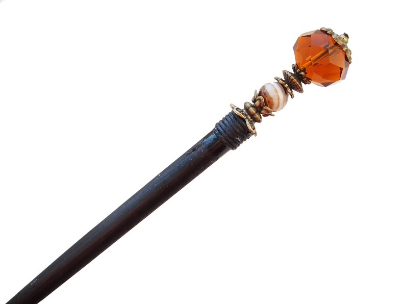 japanese kanzashi Wooden hair stick with brown agate and brown fine cut crystal hair pin wood hair chopstick ornament geisha hairpiece
