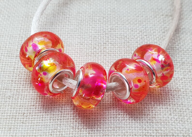 European Bracelet Style UK Seller Lampwork Beads Pink And Orange Beads x 5 Pink Swirl Beads