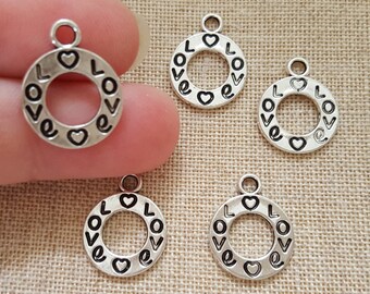 Love Charms X 5. Circle Of Love, Round Charms.  Antique Tibetan Silver Tone. UK Seller