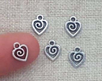 Heart Charms x 5.  Antique Tibetan Silver Tone. UK Seller