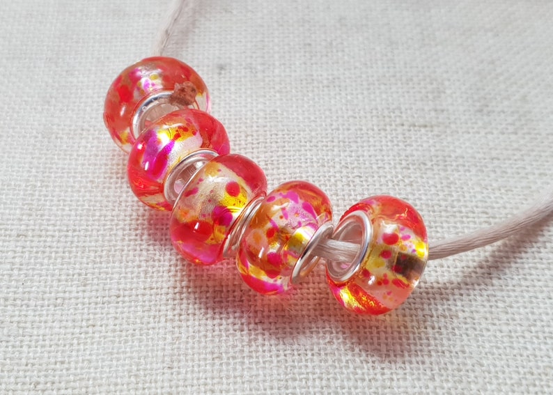 European Bracelet Style UK Seller Lampwork Beads Pink And Orange Beads x 5 Pink Swirl Beads