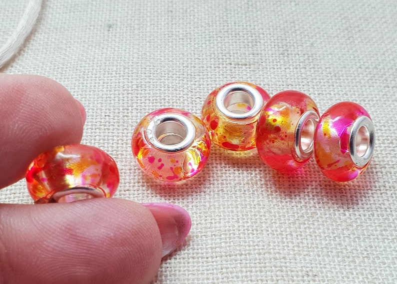 European Bracelet Style UK Seller Lampwork Beads Pink And Orange Beads x 5 Pink Swirl Beads