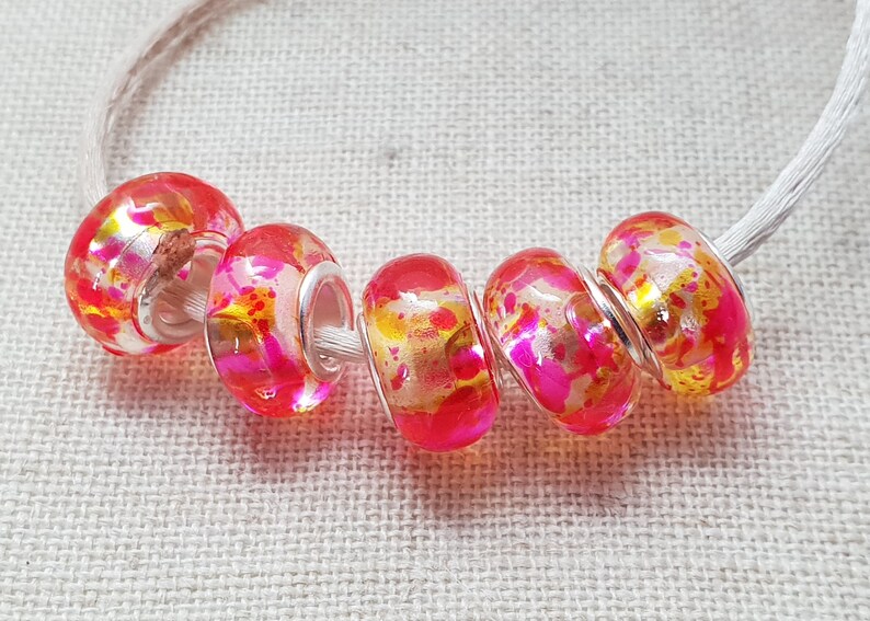 European Bracelet Style UK Seller Lampwork Beads Pink And Orange Beads x 5 Pink Swirl Beads
