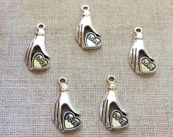 Love Charms X 5. Heart In Hand Charms, Hand Holding Heart. Valentins Charms.   Antique Tibetan Silver Tone. UK Seller