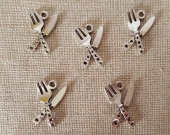 Cutlery Charms X 5. Knife and Fork Charms.  Cooking Charms. Kitchen Charms.  Tibetan Silver Tone - UK seller