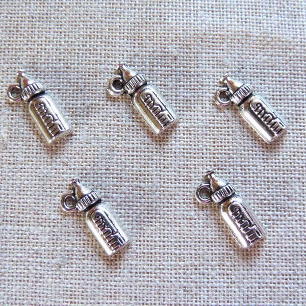 Baby Bottle Charms X 5.  New MOM Charms. Weaning Charms.  Baby Shower Charms.  Tibetan Silver. UK Seller.