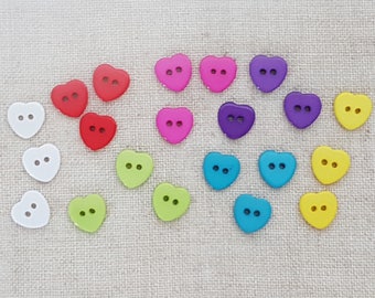 Heart Buttons X 10. Valentines Buttons. 2 Hole Buttons. Plastic Buttons. Mixed Colours. UK Seller