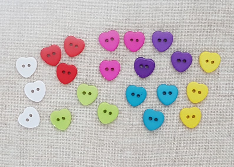 Heart Buttons X 10. Valentines Buttons. 2 Hole Buttons. Plastic Buttons. Mixed Colours. UK Seller image 1