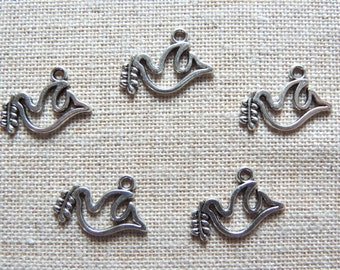 Peace Dove With Olive Branch Charms x 5.  Tibetan Silver Tone. UK Seller