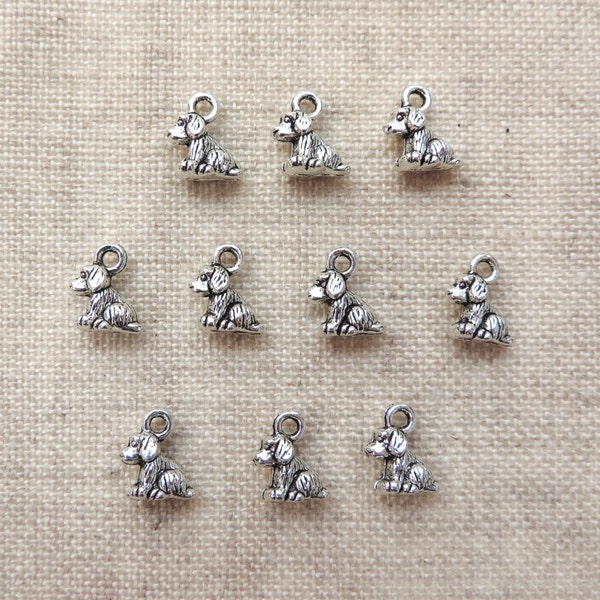Puppy Dog Charms x 10.  3D Charms. Sitting Dog. Tibetan Silver Tone - UK seller