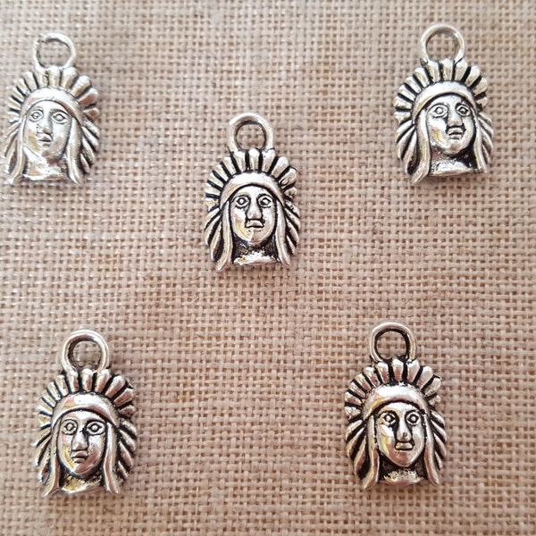 Indian Chief Charms x 5. Warrior Charms. Tibetan Silver Tone. UK Seller