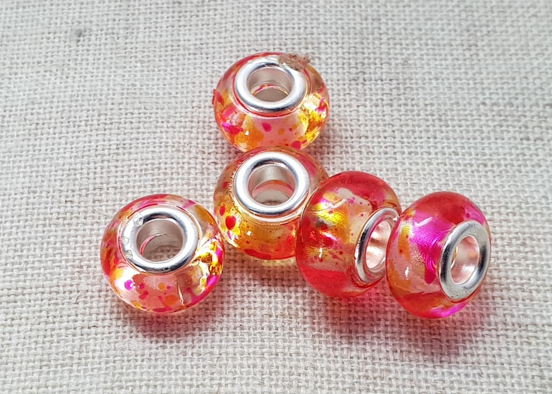 European Bracelet Style UK Seller Lampwork Beads Pink And Orange Beads x 5 Pink Swirl Beads